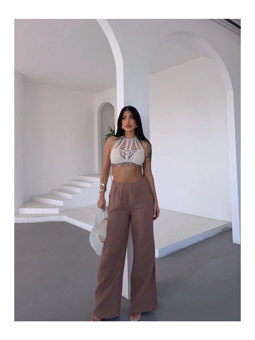 Sarı Kadın Camel Beli Lastikli Müslin Kumaş Bol Paça Pantolon HZL25S-DSB12221-1