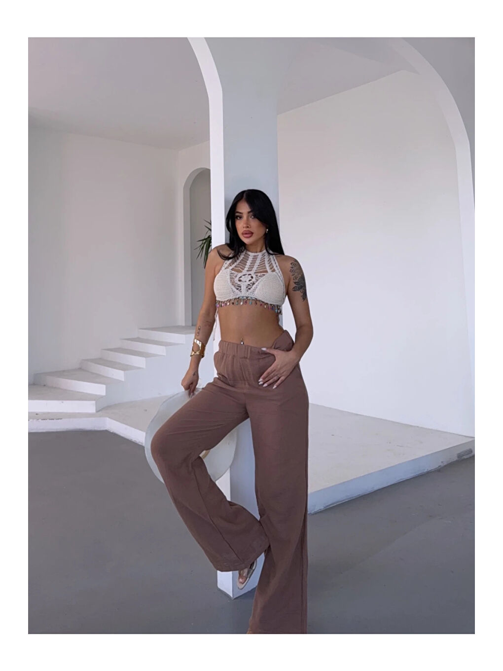 Sarı Kadın Camel Beli Lastikli Müslin Kumaş Bol Paça Pantolon HZL25S-DSB12221-2