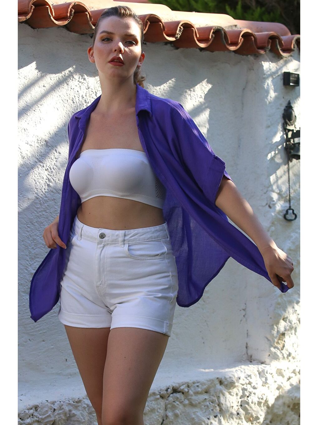 Mor Gömlek Yaka Kısa Kol Kapamasız Yıkamalı Casual Dokuma Gömlek 62 67-2