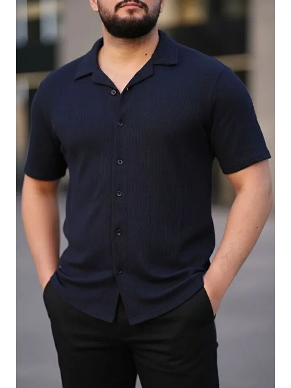Erkek Waffle Kumaş Kısa Kollu Düğmeli Açık Yaka Regular Fit Gömlek - Lacivert-1