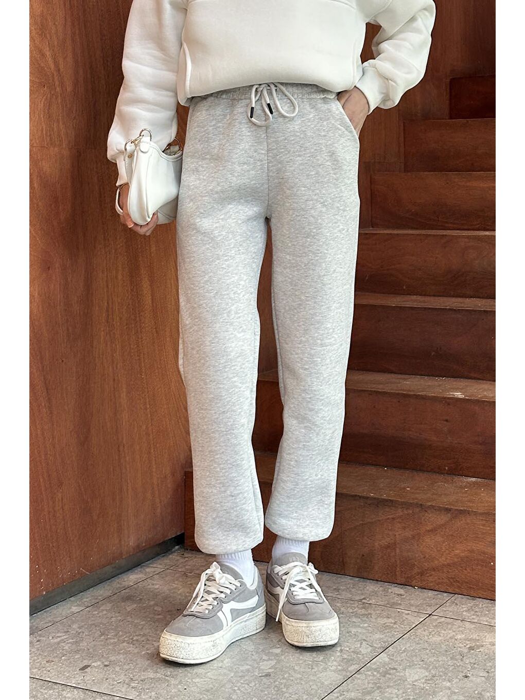 Üç İplik Şardonlu  Eşofman Altı Açık Gri