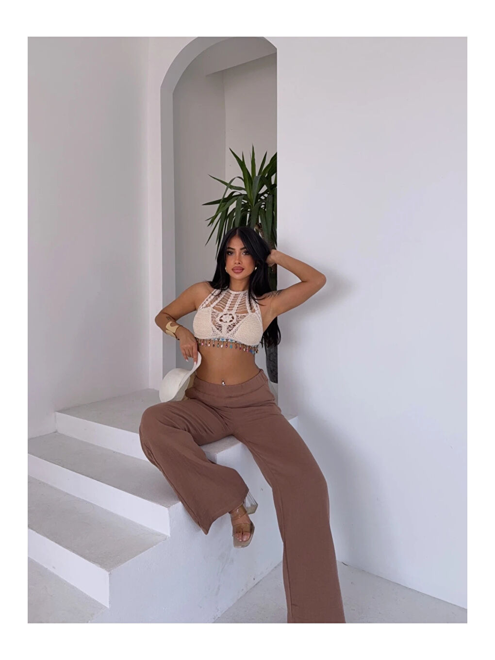 Sarı Kadın Camel Beli Lastikli Müslin Kumaş Bol Paça Pantolon HZL25S-DSB12221-3