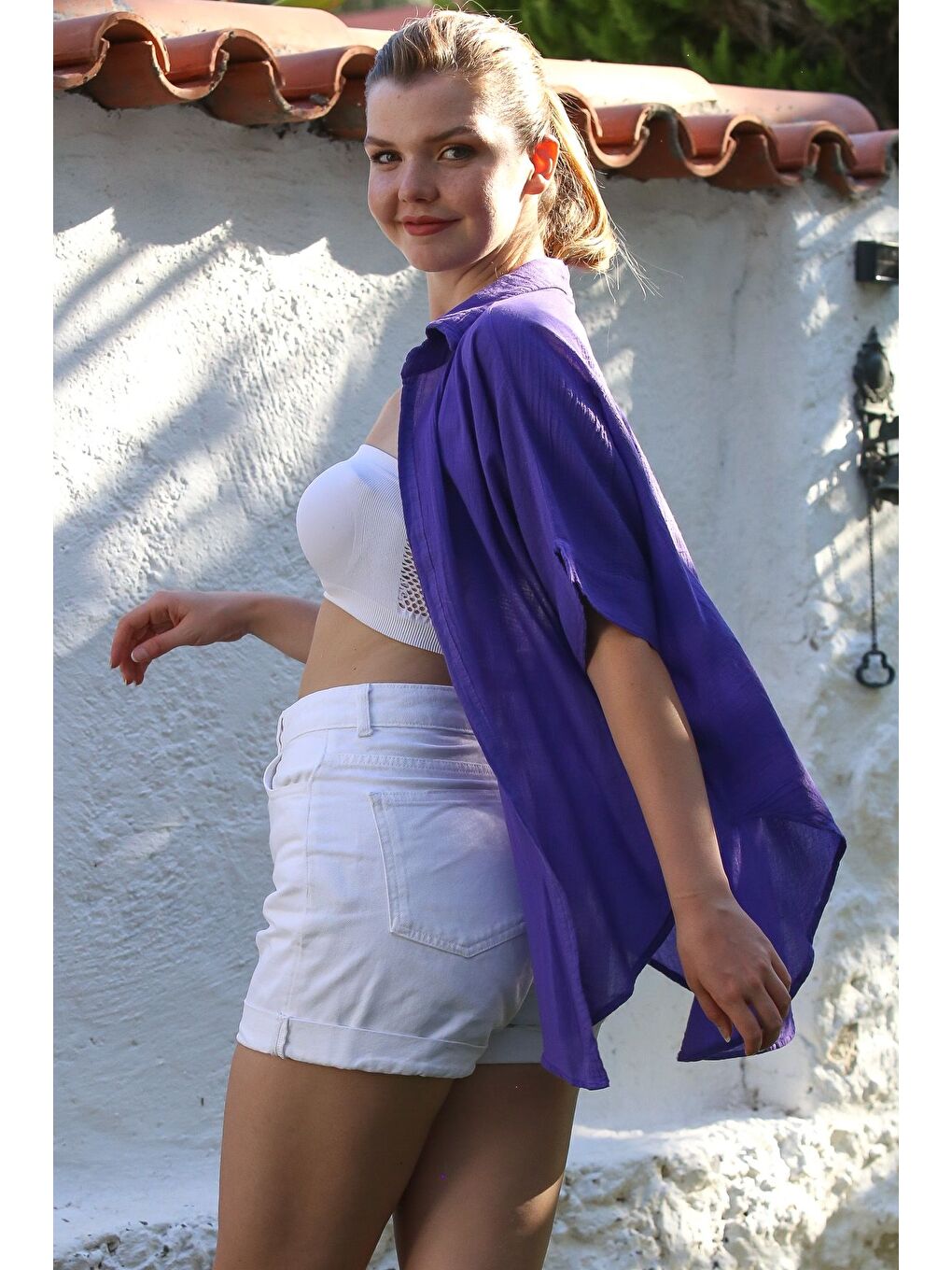 Mor Gömlek Yaka Kısa Kol Kapamasız Yıkamalı Casual Dokuma Gömlek 62 67-3