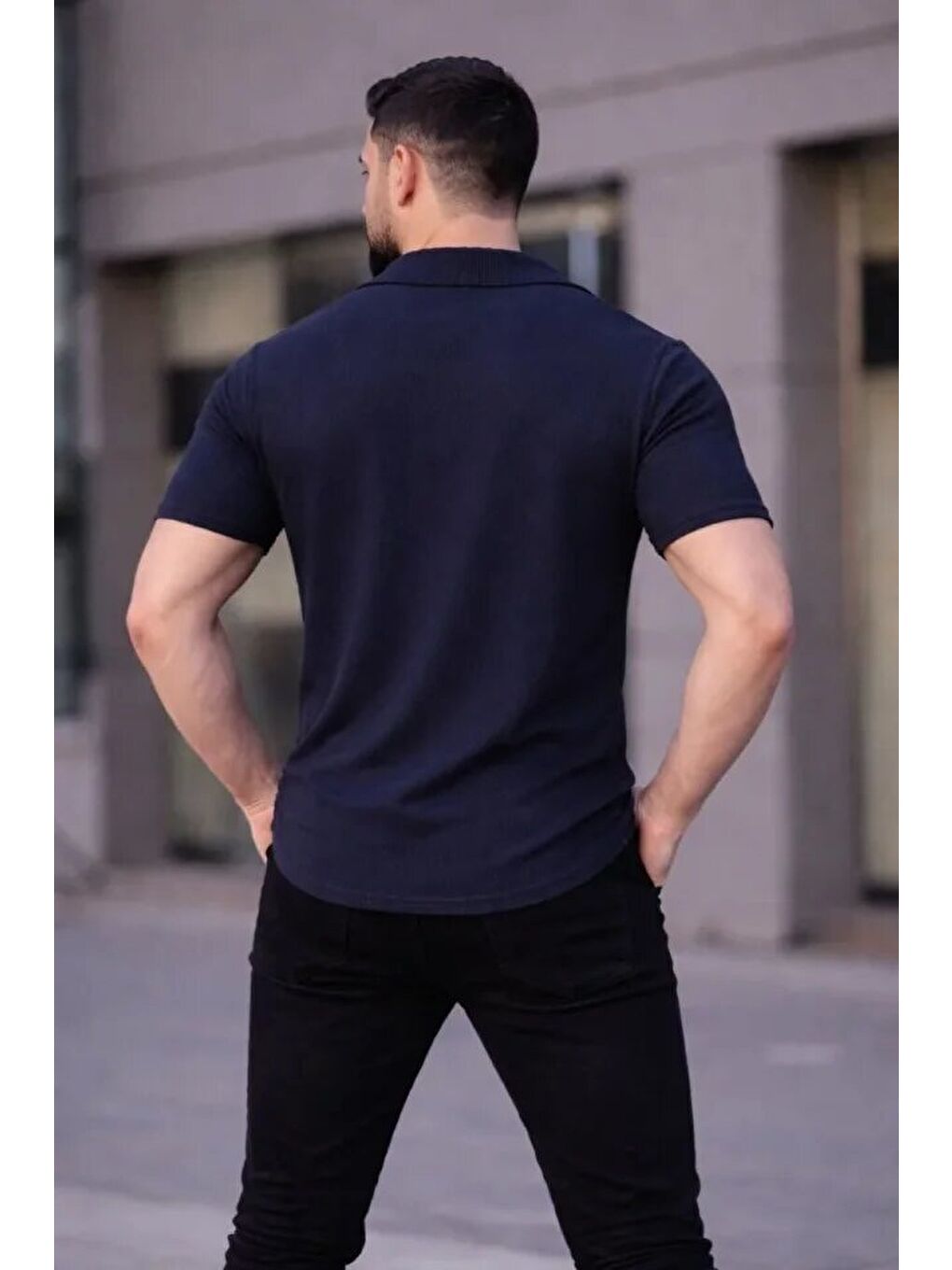 Erkek Waffle Kumaş Kısa Kollu Düğmeli Açık Yaka Regular Fit Gömlek - Lacivert-2