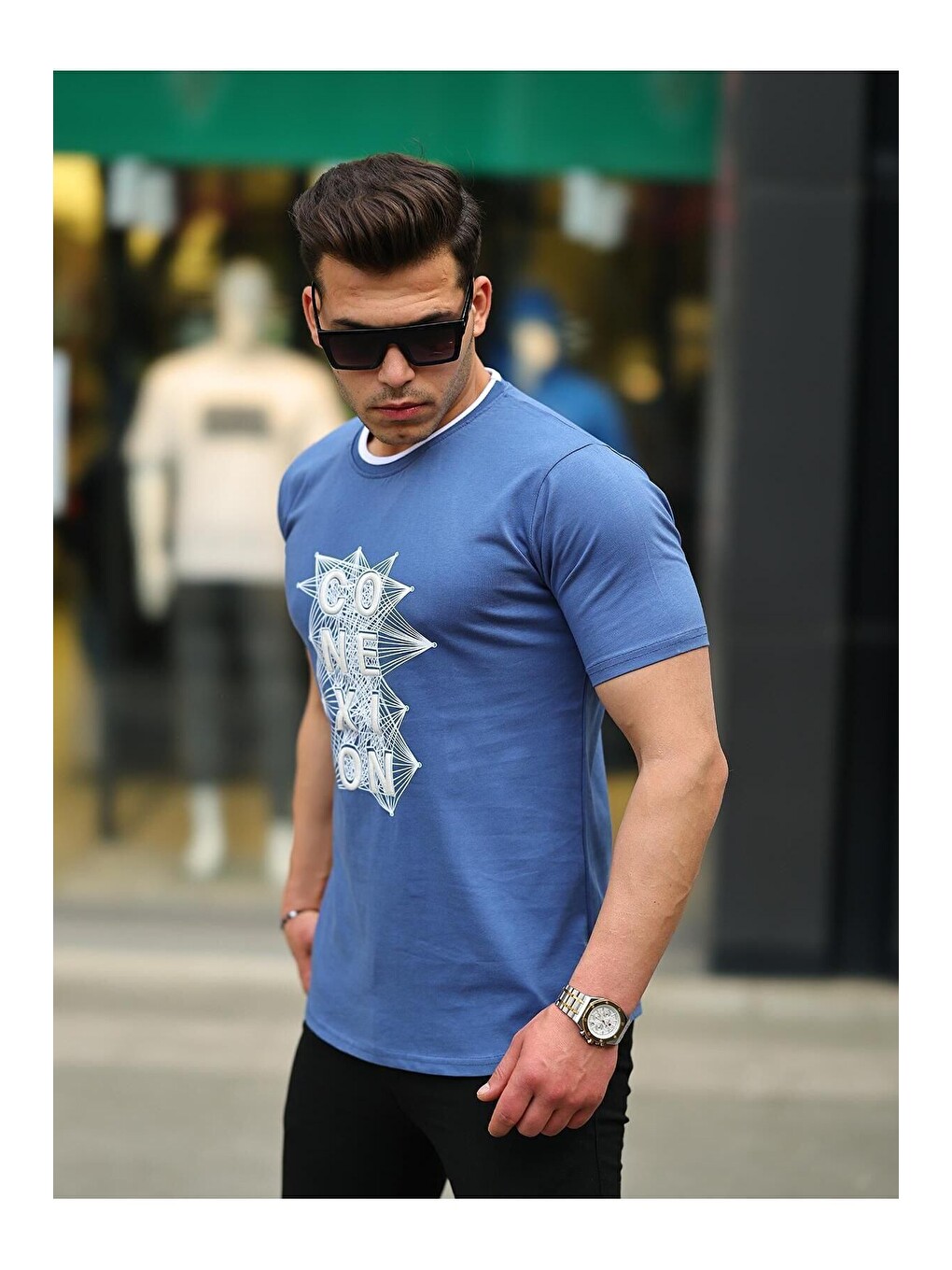 İndigo Erkek Slim Fit Nakış Desenli Tişört