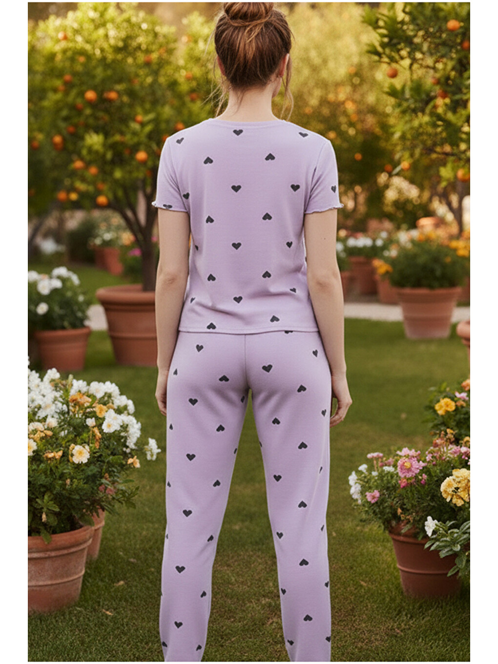 Lila Kalp Desenli Lastikli Fitilli Kaşkorse Örme Pijama Takım26120601-2
