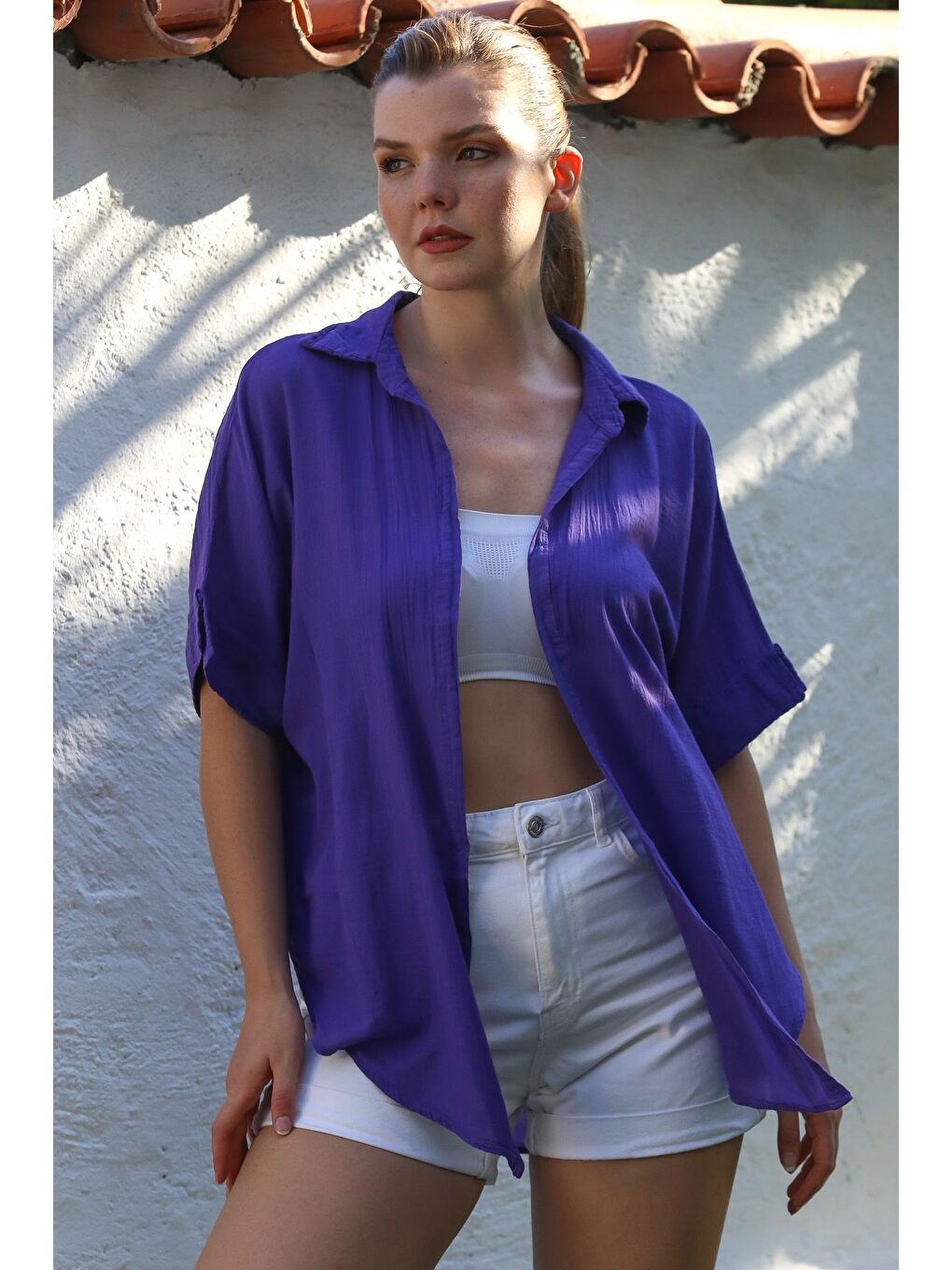 Mor Gömlek Yaka Kısa Kol Kapamasız Yıkamalı Casual Dokuma Gömlek 62 67-4