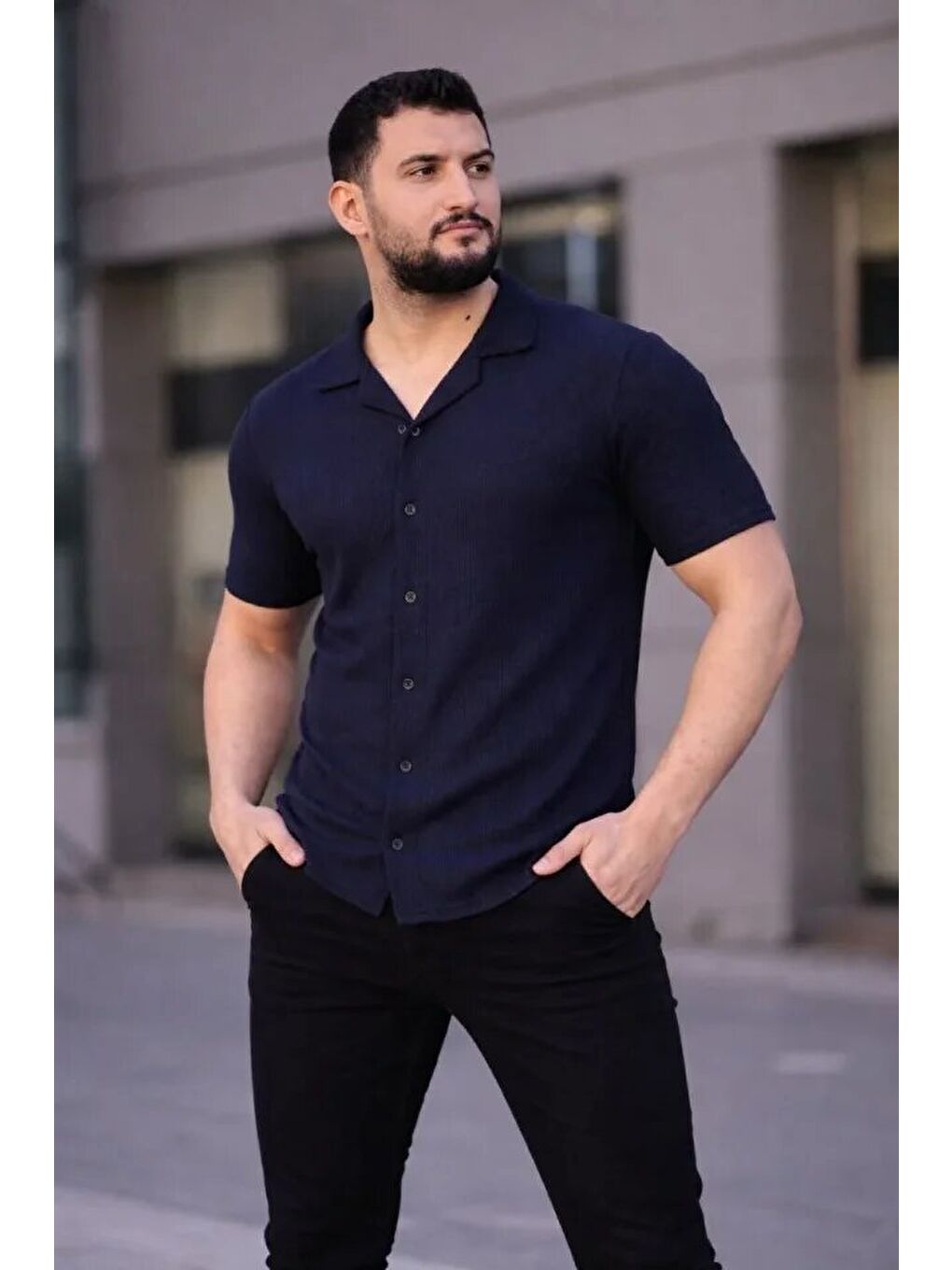 Erkek Waffle Kumaş Kısa Kollu Düğmeli Açık Yaka Regular Fit Gömlek - Lacivert-3