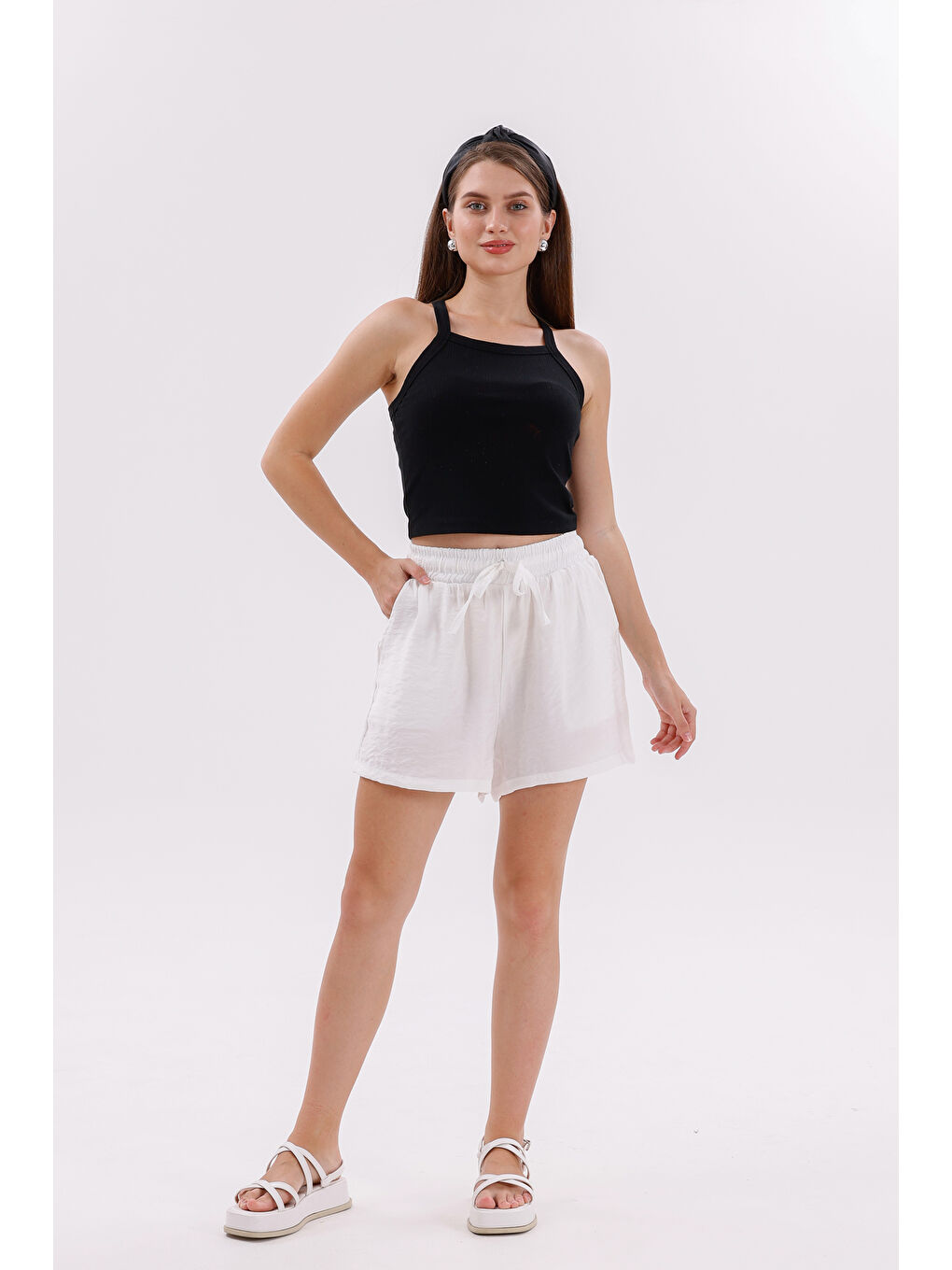 Beyaz Genıus Store Kadın Şort Aerobin Pamuklu Cepli Çekmez Kumaş Beli Lastikli Şort-1