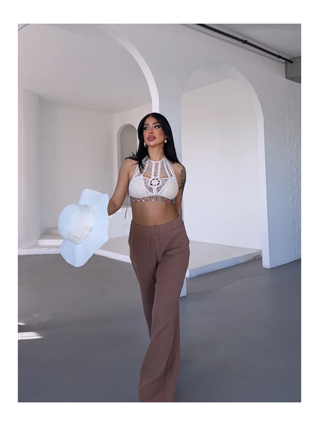 Sarı Kadın Camel Beli Lastikli Müslin Kumaş Bol Paça Pantolon HZL25S-DSB12221-4