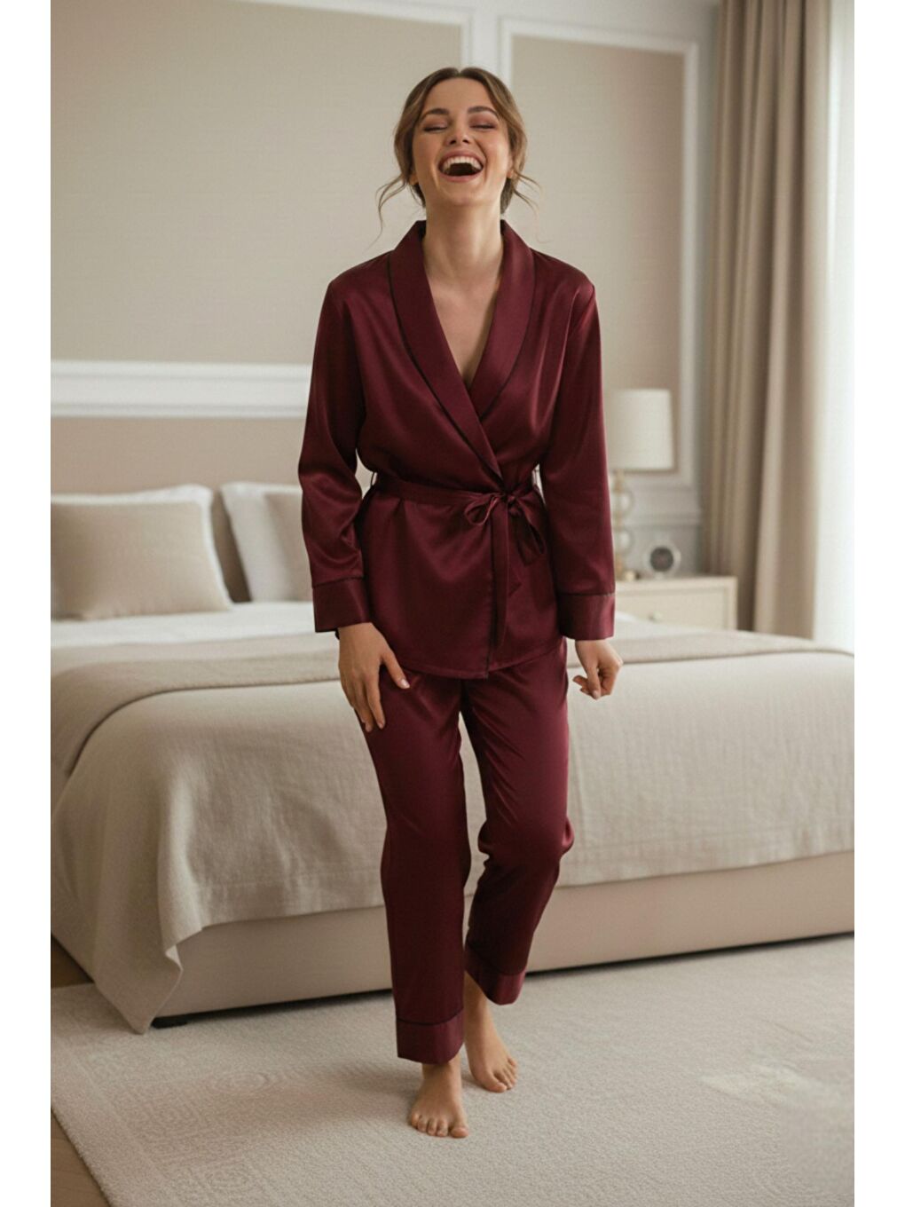 Bordo Soft Glow Şal Yaka Uzun Kol Saten Pijama Takımı