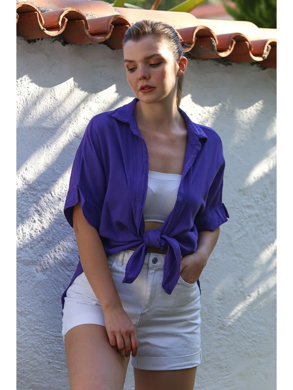 Mor Gömlek Yaka Kısa Kol Kapamasız Yıkamalı Casual Dokuma Gömlek 62 67-5