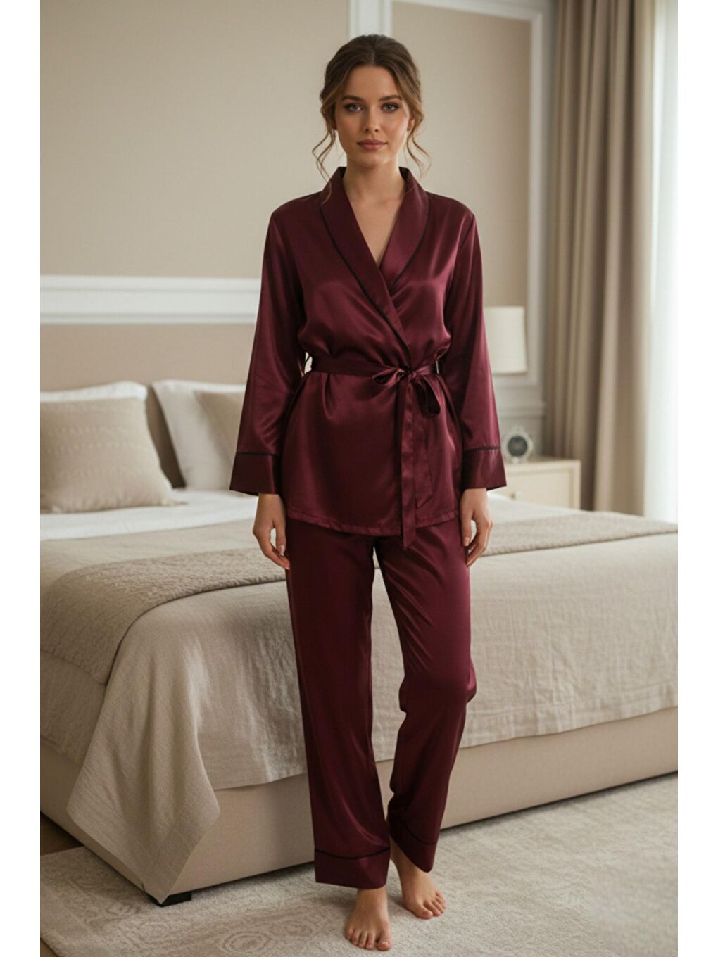 Bordo Soft Glow Şal Yaka Uzun Kol Saten Pijama Takımı-1