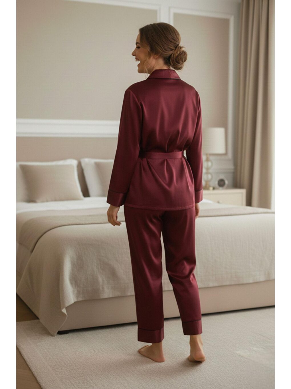 Bordo Soft Glow Şal Yaka Uzun Kol Saten Pijama Takımı-2