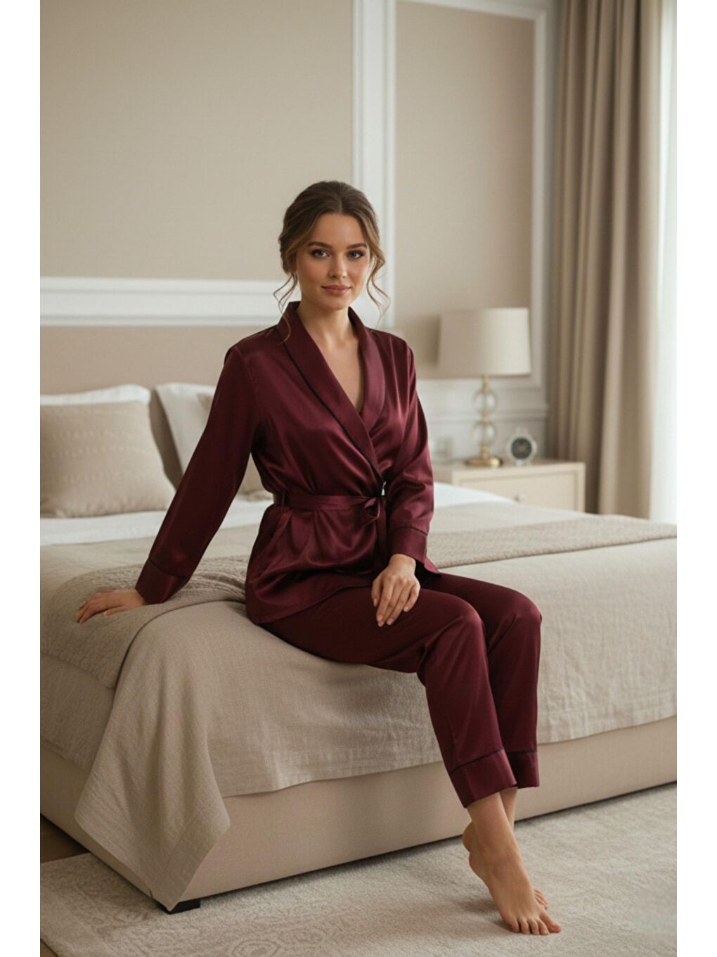 Bordo Soft Glow Şal Yaka Uzun Kol Saten Pijama Takımı-3