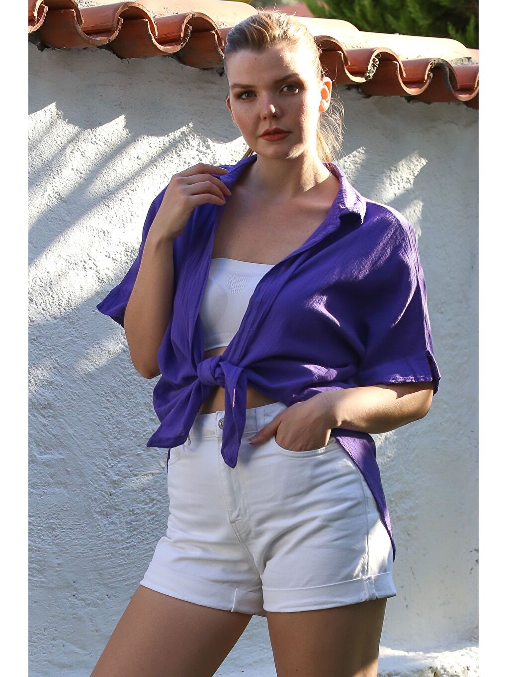 Mor Gömlek Yaka Kısa Kol Kapamasız Yıkamalı Casual Dokuma Gömlek 62 67-6