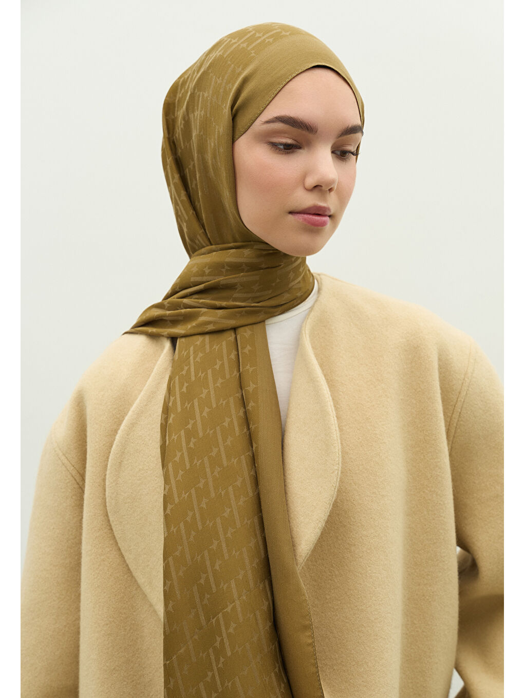 Sarı MONOGRAM PAMUK FLOŞ JAKARLI ŞAL SAHRA-1