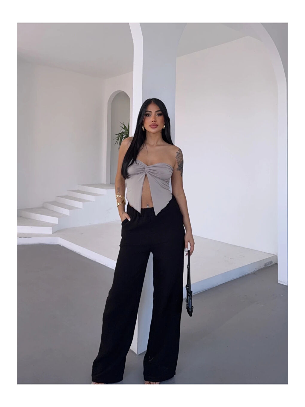 Kadın Siyah Beli Lastikli Müslin Kumaş Bol Paça Pantolon HZL25S-DSB12221-2