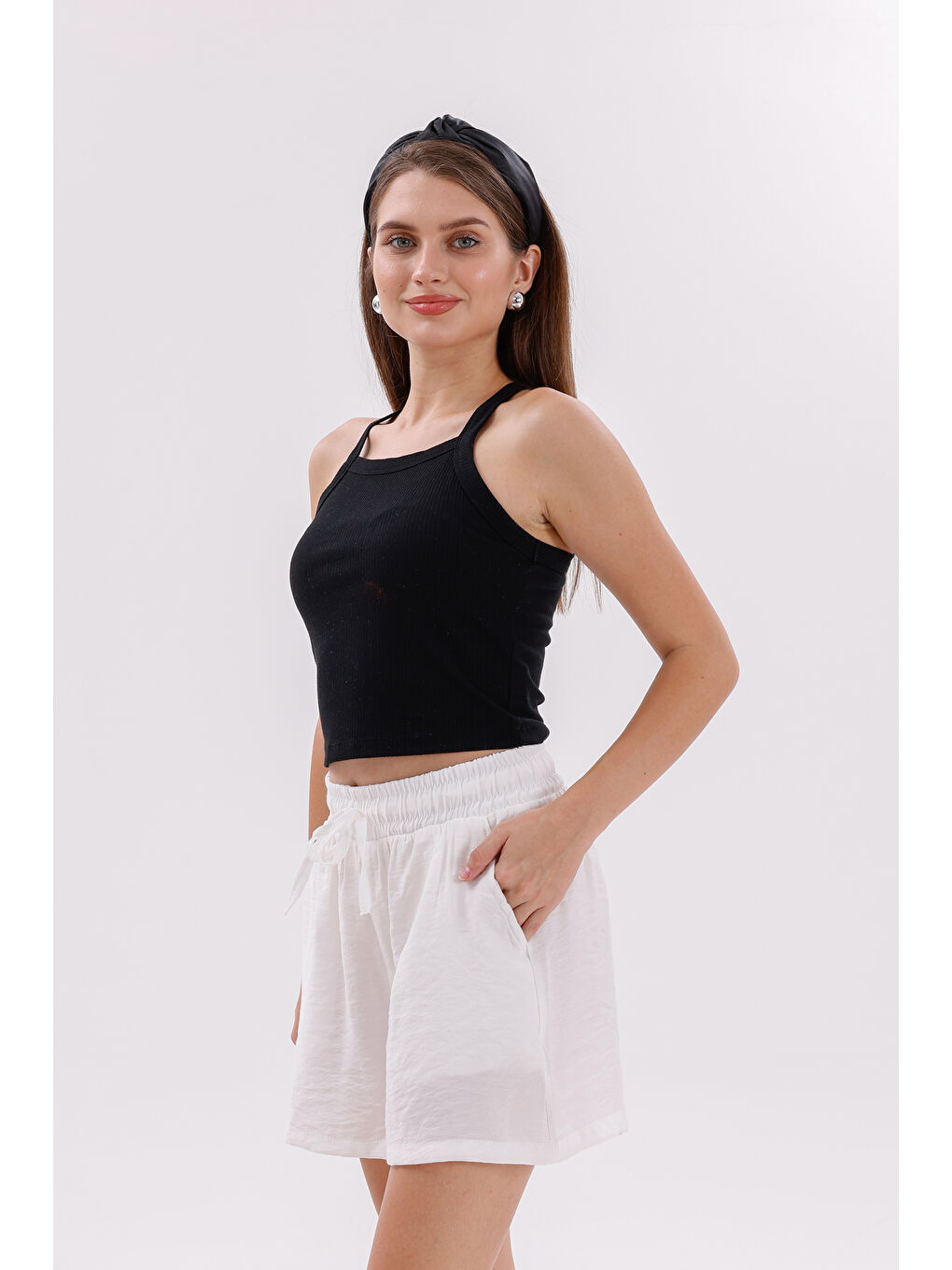 Beyaz Genıus Store Kadın Şort Aerobin Pamuklu Cepli Çekmez Kumaş Beli Lastikli Şort-2