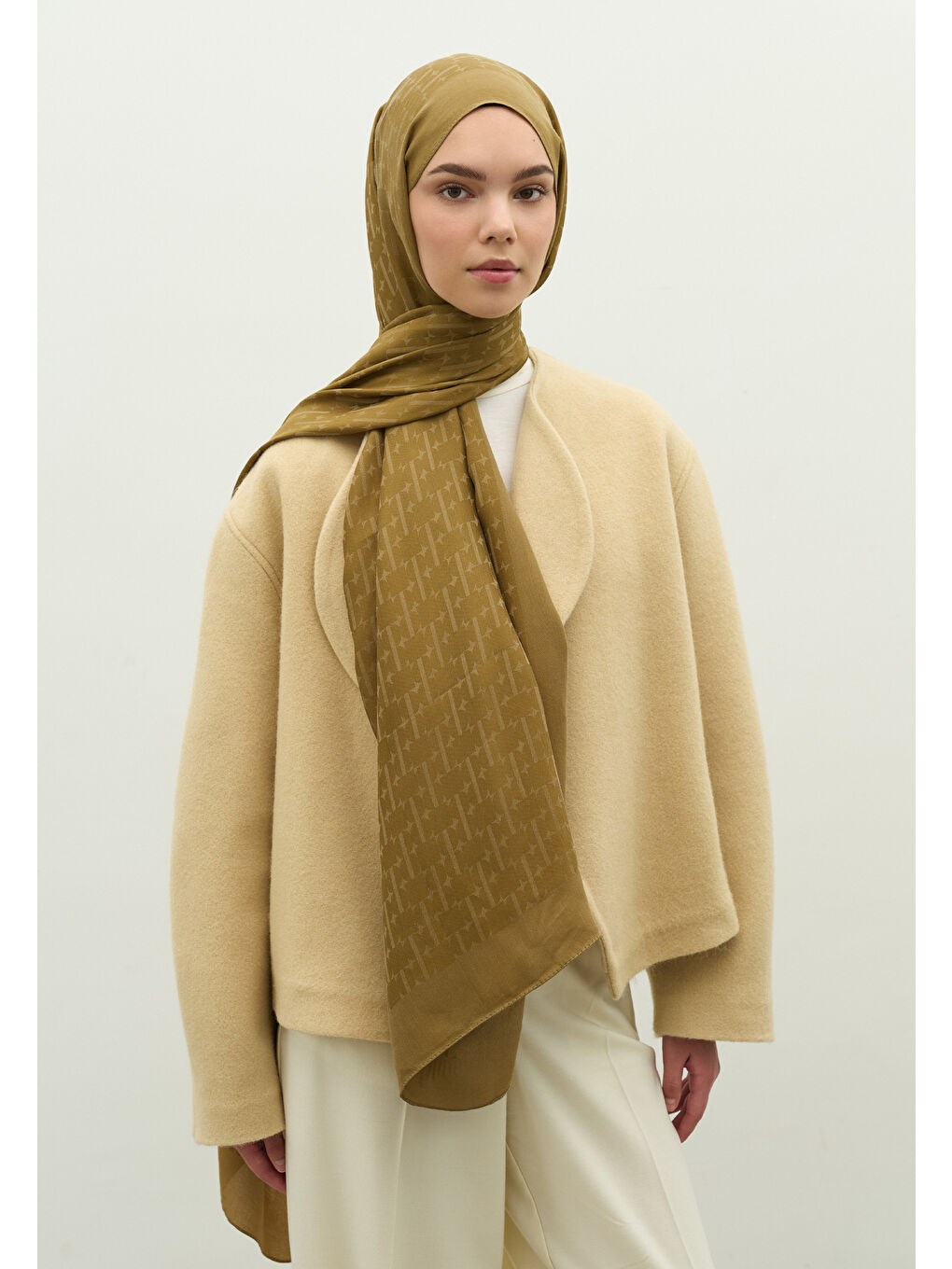 Sarı MONOGRAM PAMUK FLOŞ JAKARLI ŞAL SAHRA-2