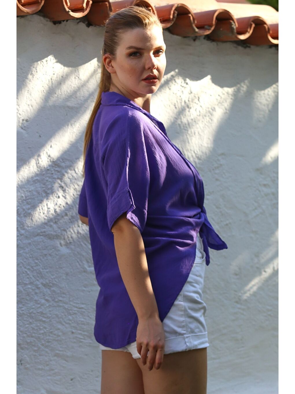 Mor Gömlek Yaka Kısa Kol Kapamasız Yıkamalı Casual Dokuma Gömlek 62 67-7