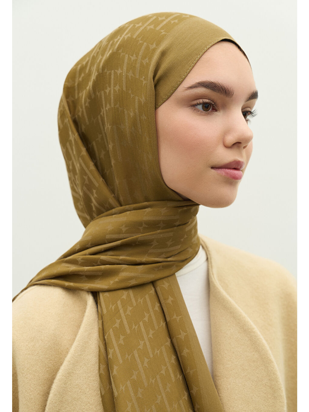 Sarı MONOGRAM PAMUK FLOŞ JAKARLI ŞAL SAHRA-3