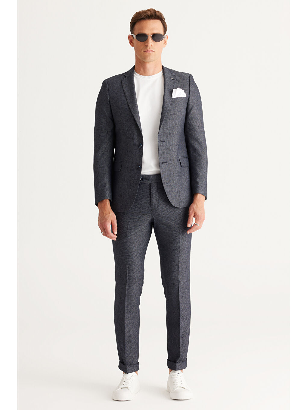 Erkek Lacivert Ekstra Slim Fit Dar Kesim Mono Yaka Desenli Takım Elbise