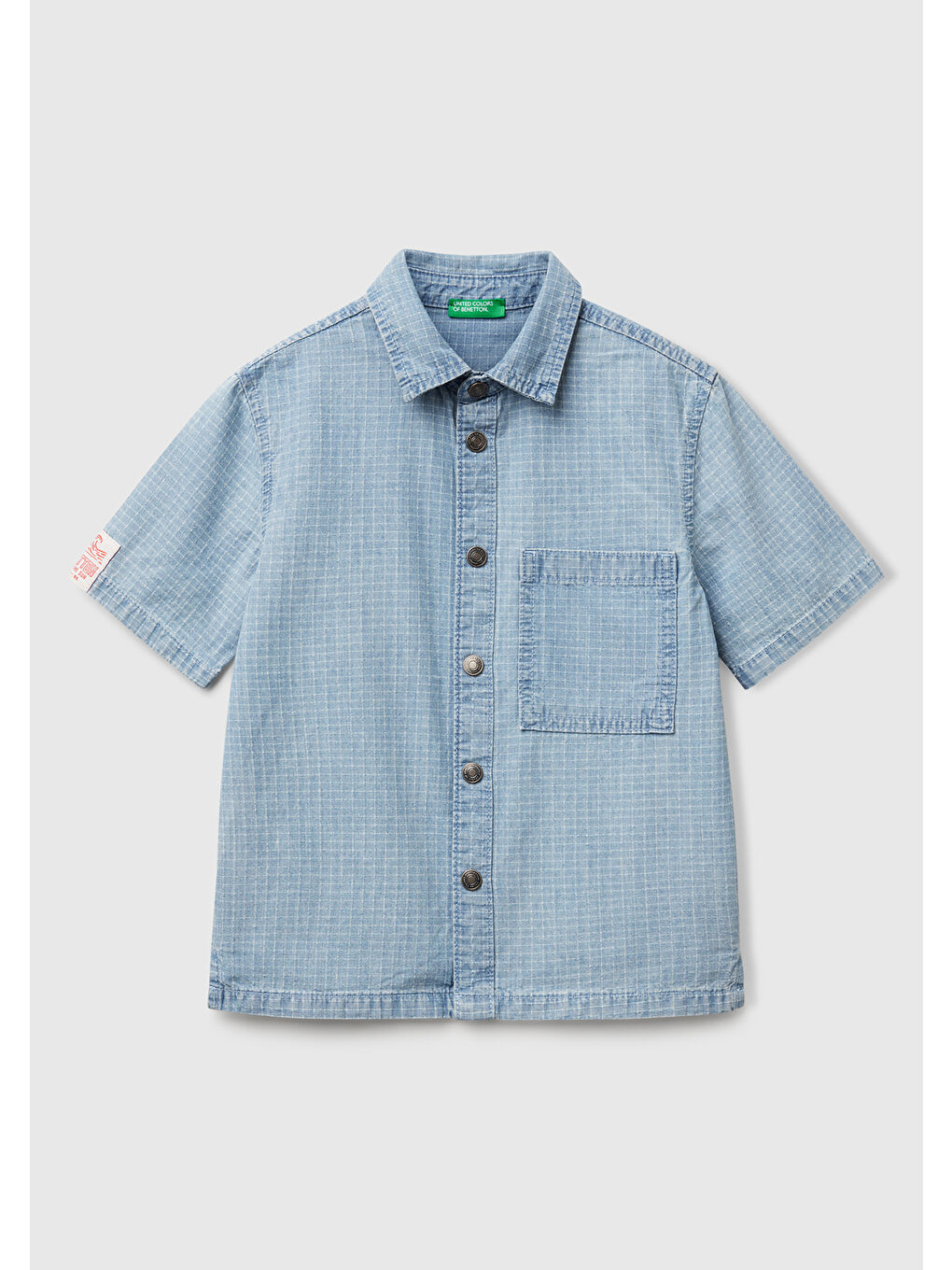 Mavi Erkek Çocuk Açık Denim Kolu Etiket Detaylı Önü Cepli Kısa Kollu Denim Gömlek