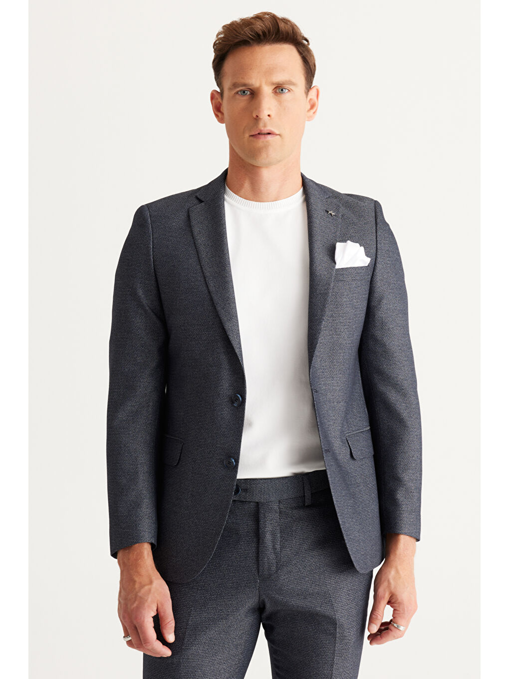 Erkek Lacivert Ekstra Slim Fit Dar Kesim Mono Yaka Desenli Takım Elbise-1