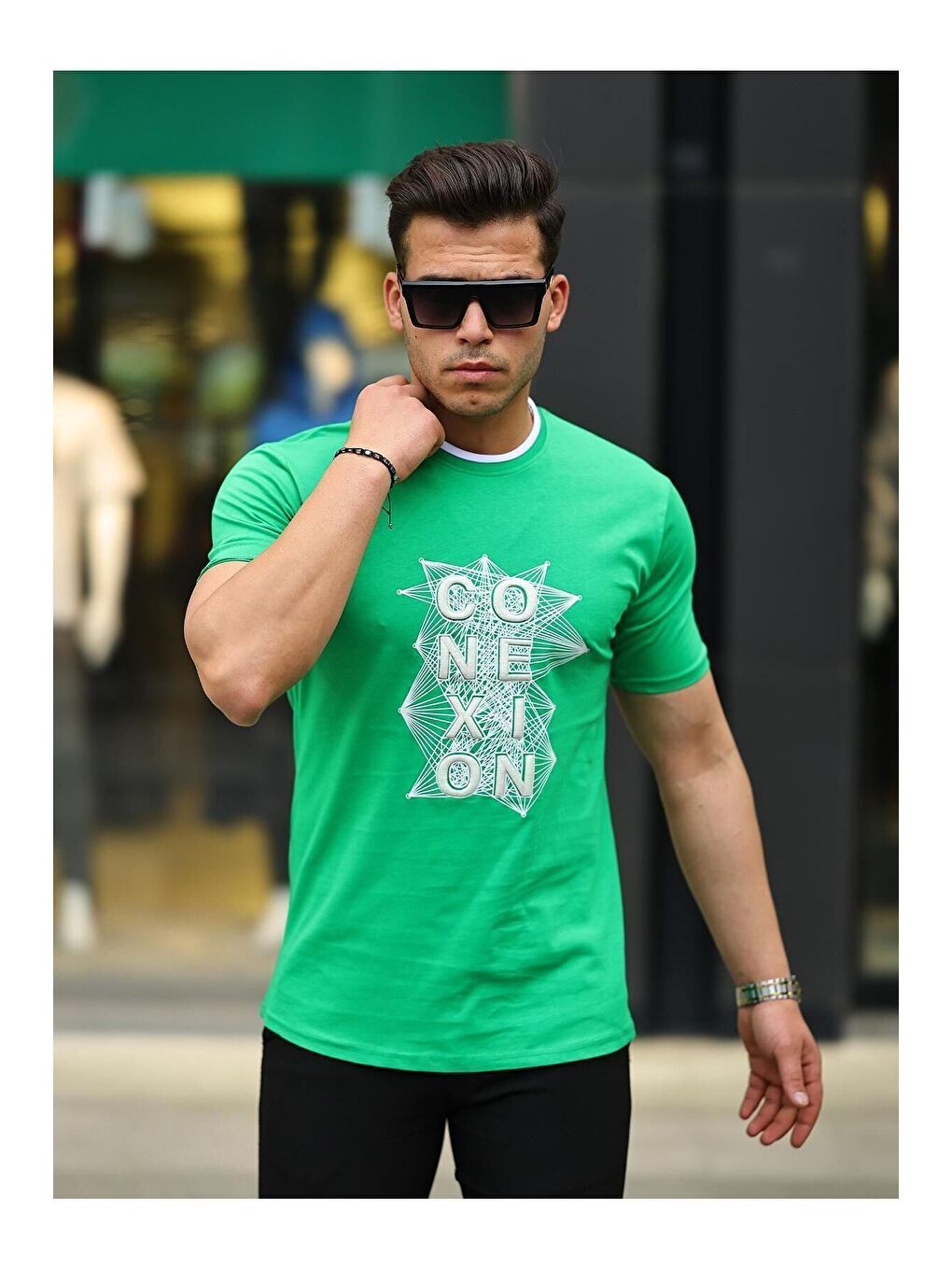 Yeşil Erkek Slim Fit Nakış Desenli T-Shirt