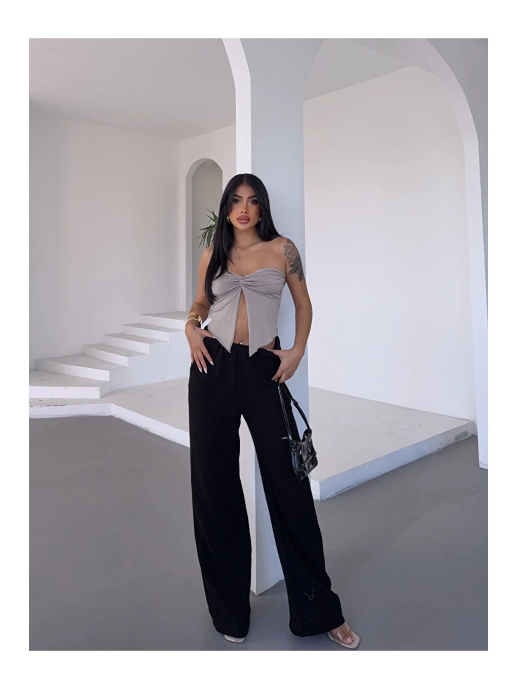 Kadın Siyah Beli Lastikli Müslin Kumaş Bol Paça Pantolon HZL25S-DSB12221-3