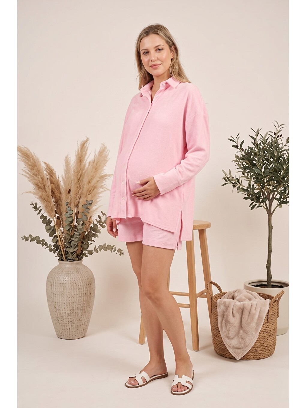 Pembe HAWAİİ Oversize %100 Pamuk Havlu Kumaş Hamile ve Lohusa Gömlek