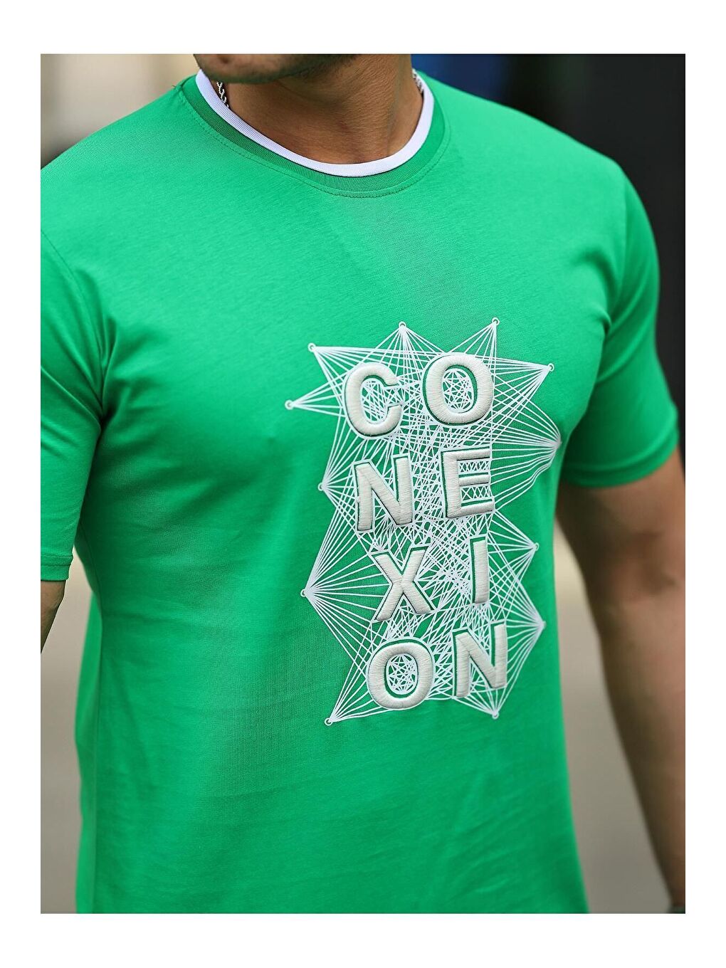 Yeşil Erkek Slim Fit Nakış Desenli T-Shirt-1