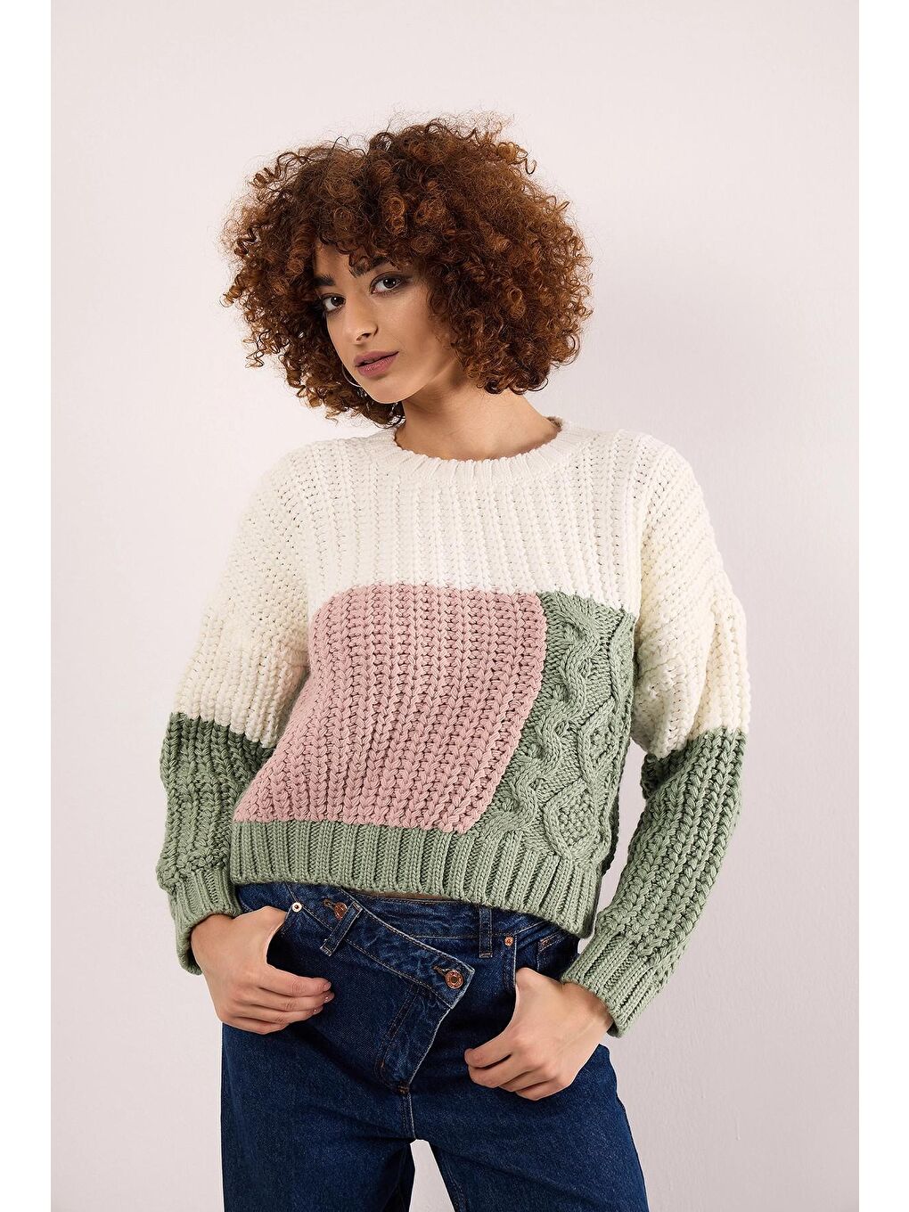 Yeşil Bisiklet Yaka Uzun Kollu Kısa Kesim Örme Triko Kazak-1