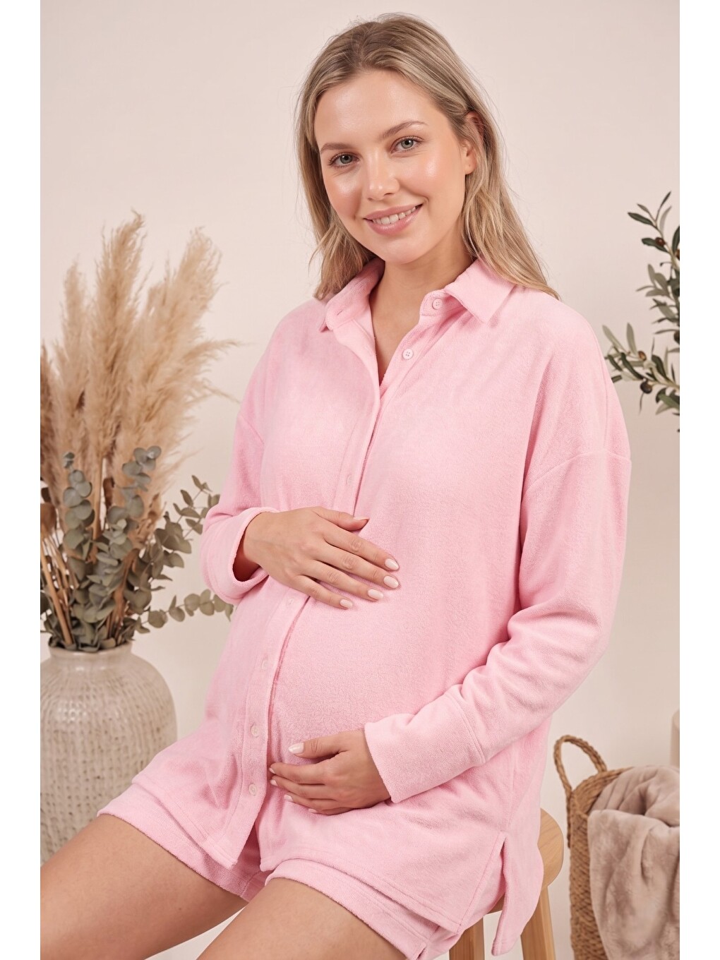 Pembe HAWAİİ Oversize %100 Pamuk Havlu Kumaş Hamile ve Lohusa Gömlek-1