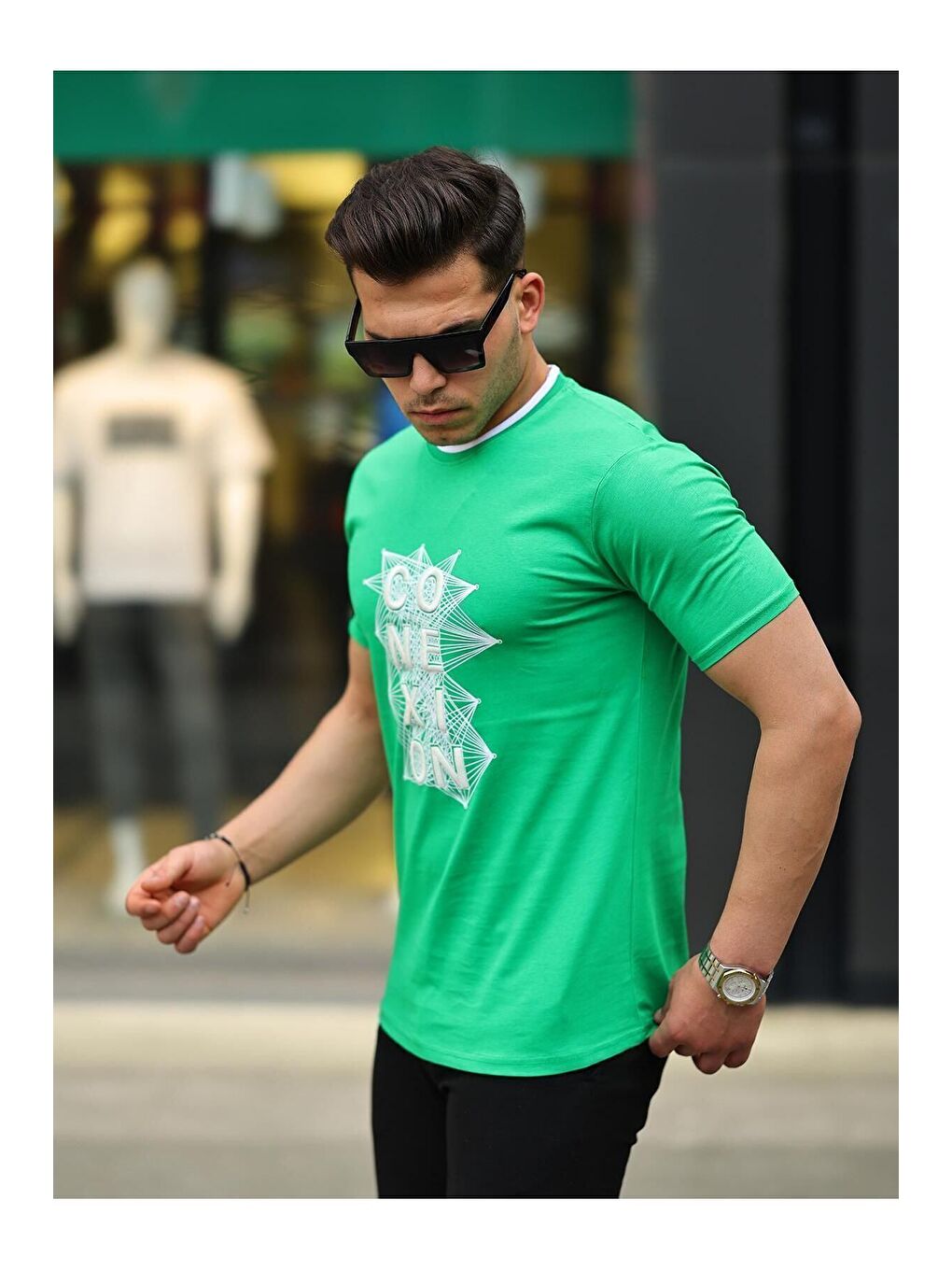 Yeşil Erkek Slim Fit Nakış Desenli T-Shirt-2