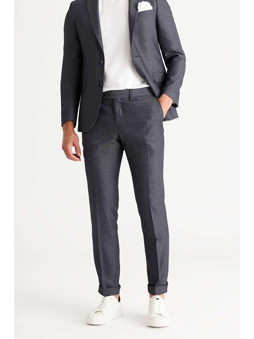 Erkek Lacivert Ekstra Slim Fit Dar Kesim Mono Yaka Desenli Takım Elbise-3