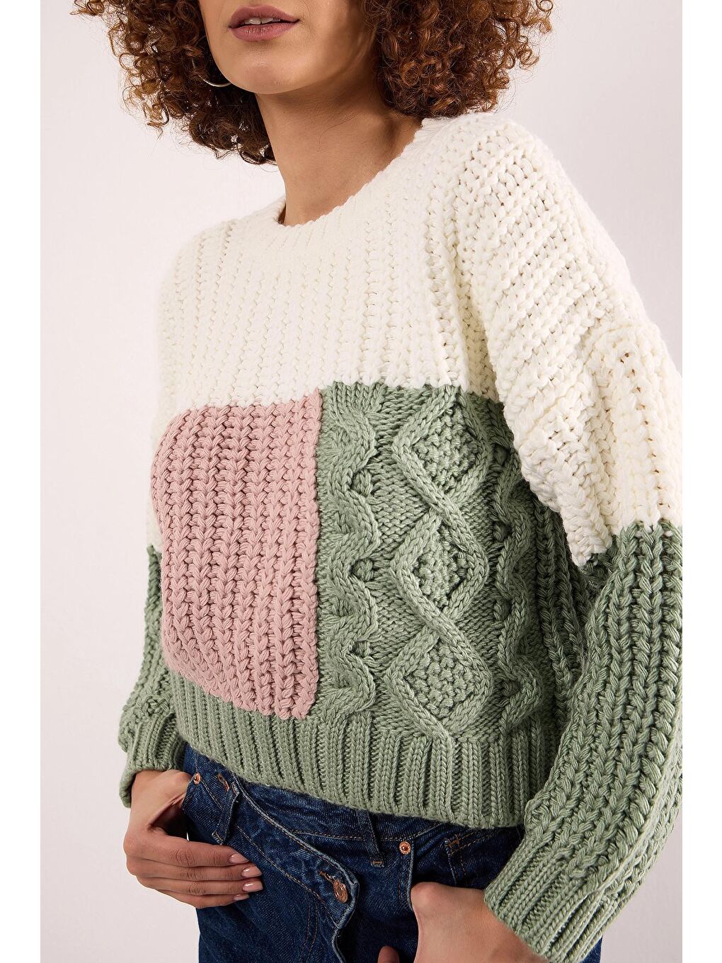 Yeşil Bisiklet Yaka Uzun Kollu Kısa Kesim Örme Triko Kazak-2