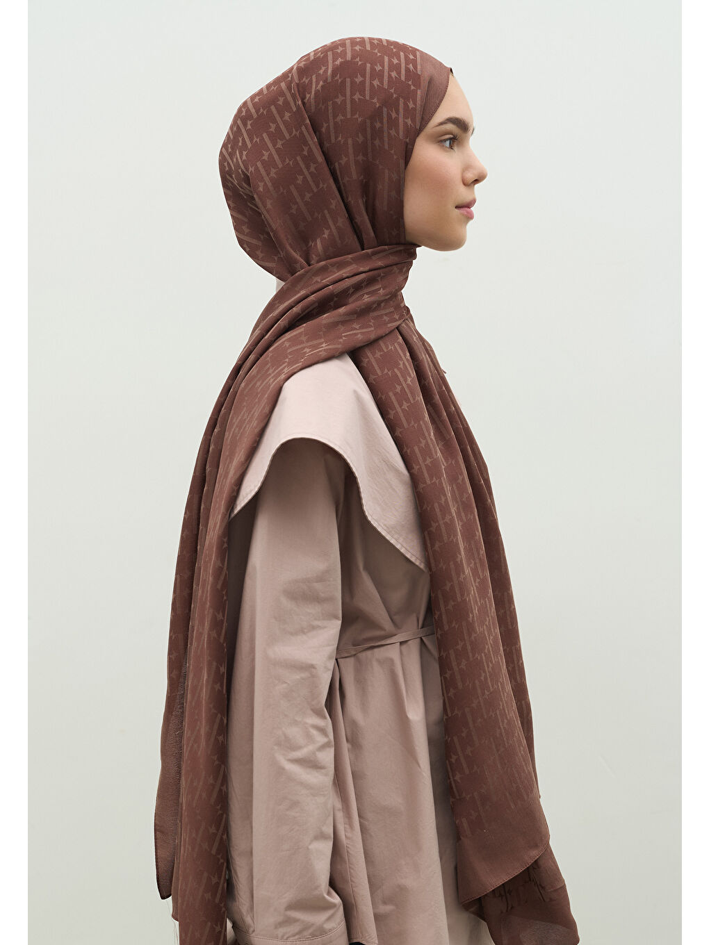 Kahverengi MONOGRAM PAMUK FLOŞ JAKARLI ŞAL KAKAO-3