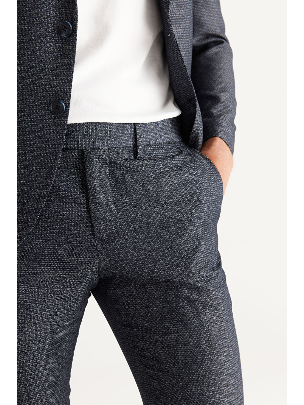 Erkek Lacivert Ekstra Slim Fit Dar Kesim Mono Yaka Desenli Takım Elbise-4