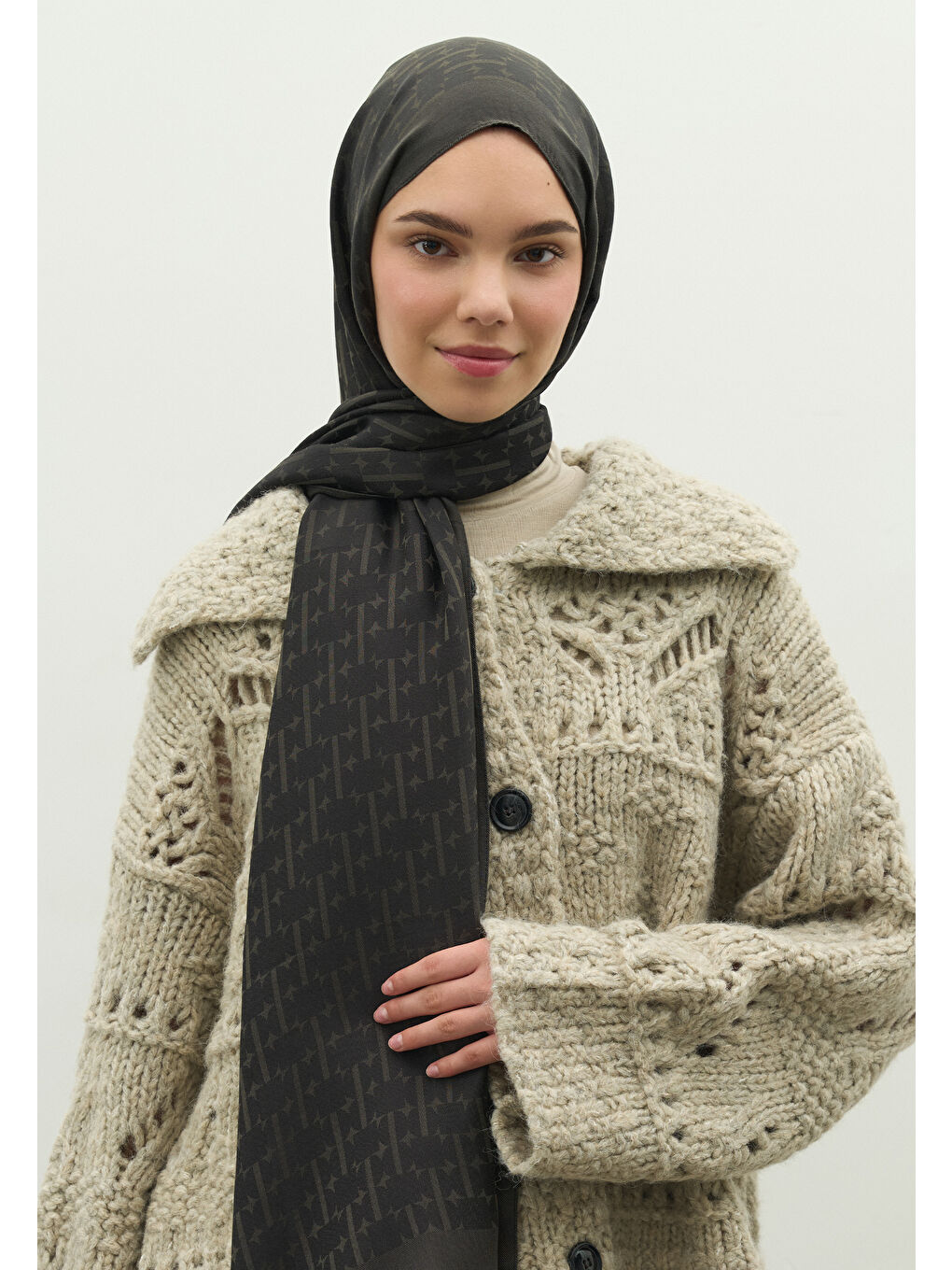 Siyah MONOGRAM PAMUK FLOŞ JAKARLI ŞAL KÖMÜR-2