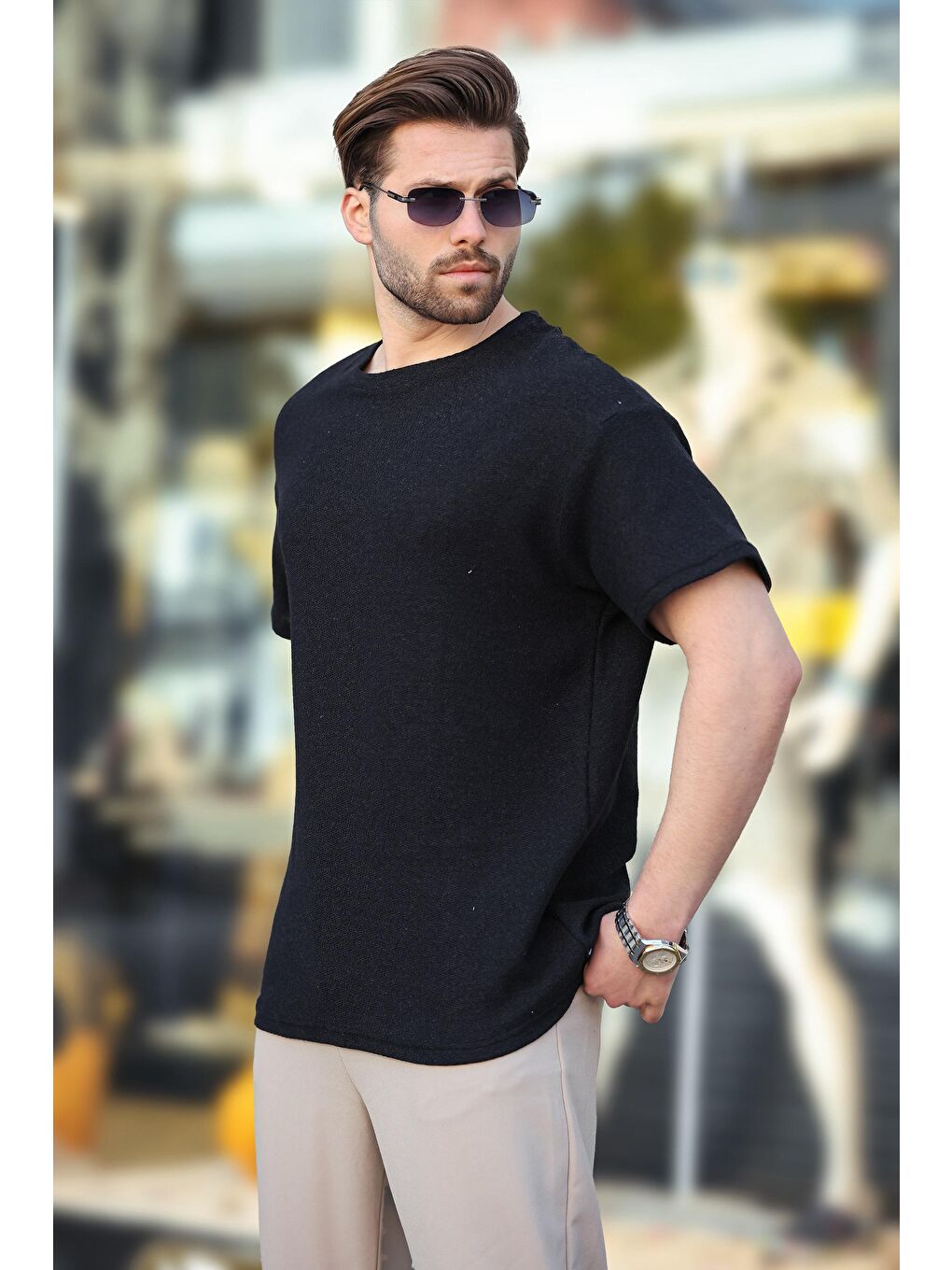 Siyah Bisiklet Yaka Oversize Erkek T-Shirt E7134