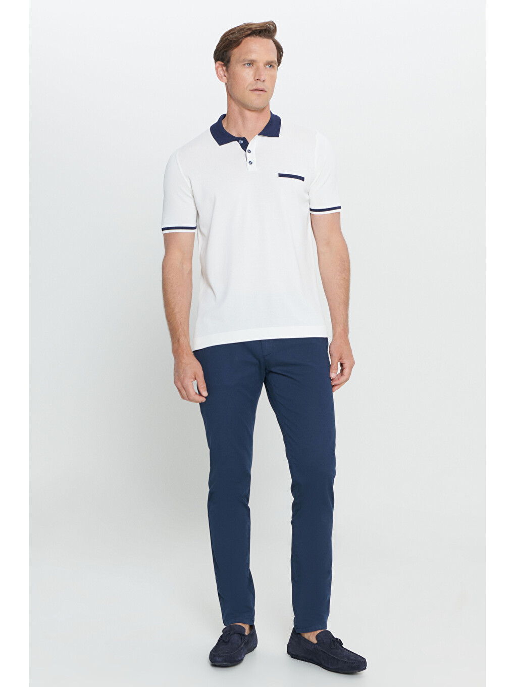 Erkek Beyaz-lacivert Standart Fit Normal Kesim Polo Yaka Triko Tişört-1