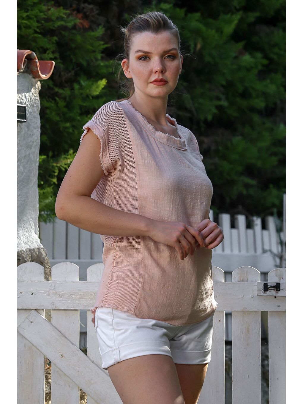 Pembe Somon Rengi Havuz Yaka Düşük Kol File Detaylı Pis Dikişli Casual Dokuma Bluz 65 55-3