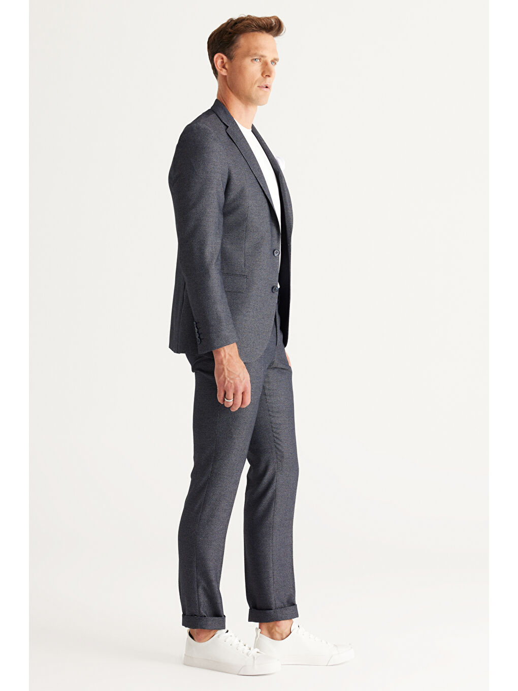 Erkek Lacivert Ekstra Slim Fit Dar Kesim Mono Yaka Desenli Takım Elbise-5