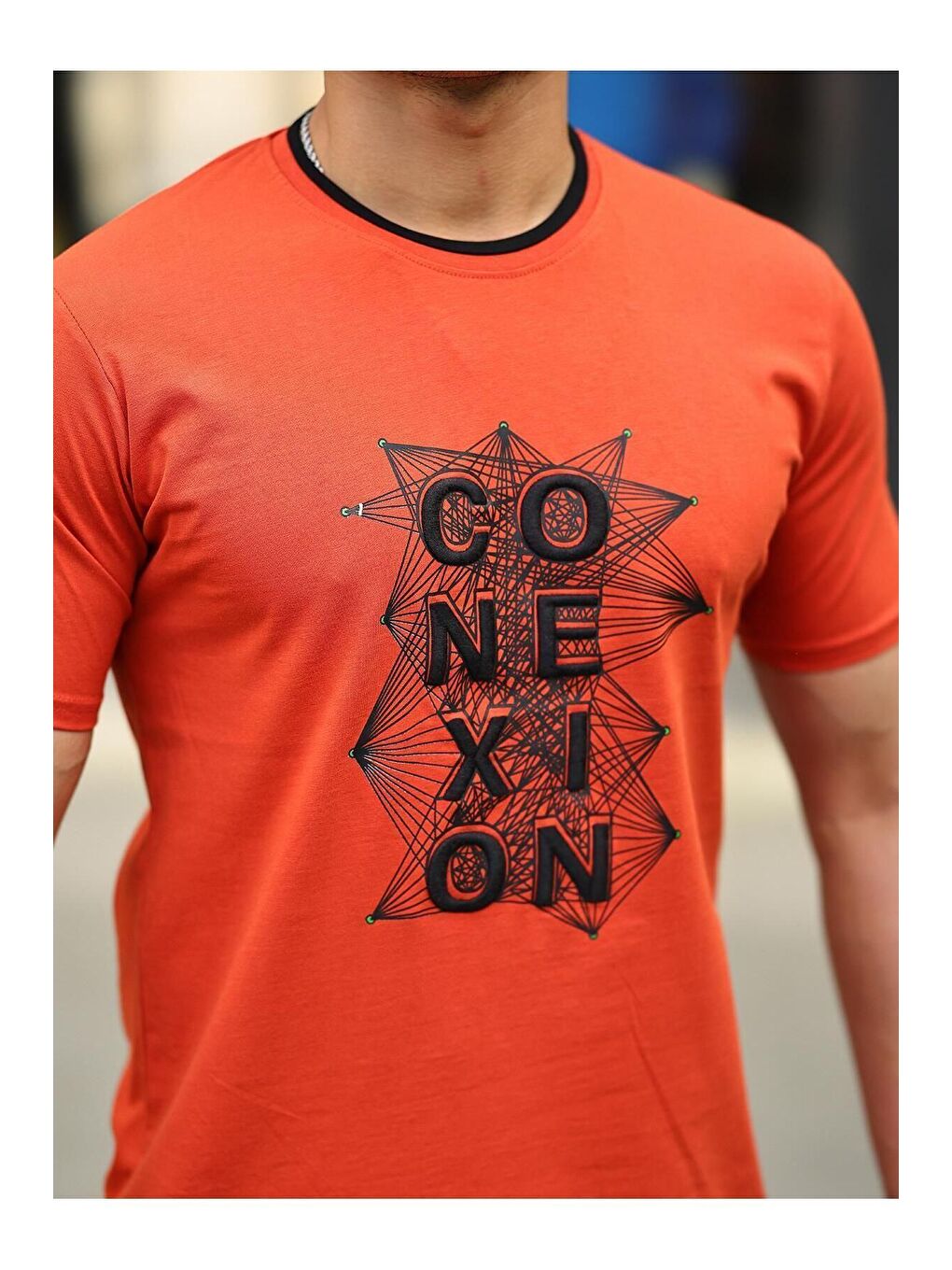 Turuncu Erkek Slim Fit Nakış Desenli T-Shirt-1