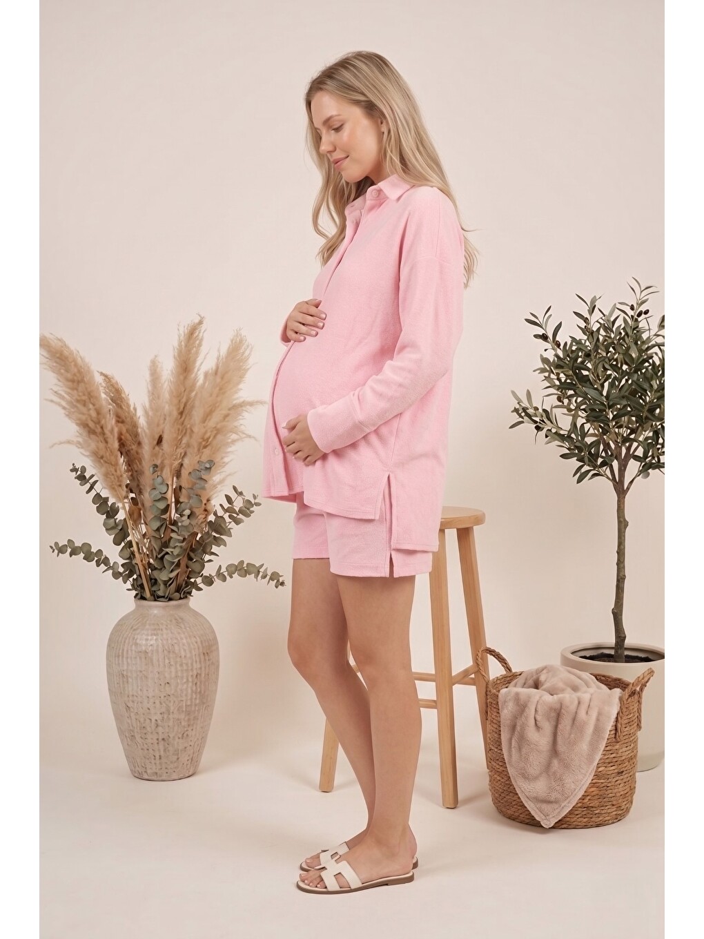 Pembe HAWAİİ Oversize %100 Pamuk Havlu Kumaş Hamile ve Lohusa Gömlek-5