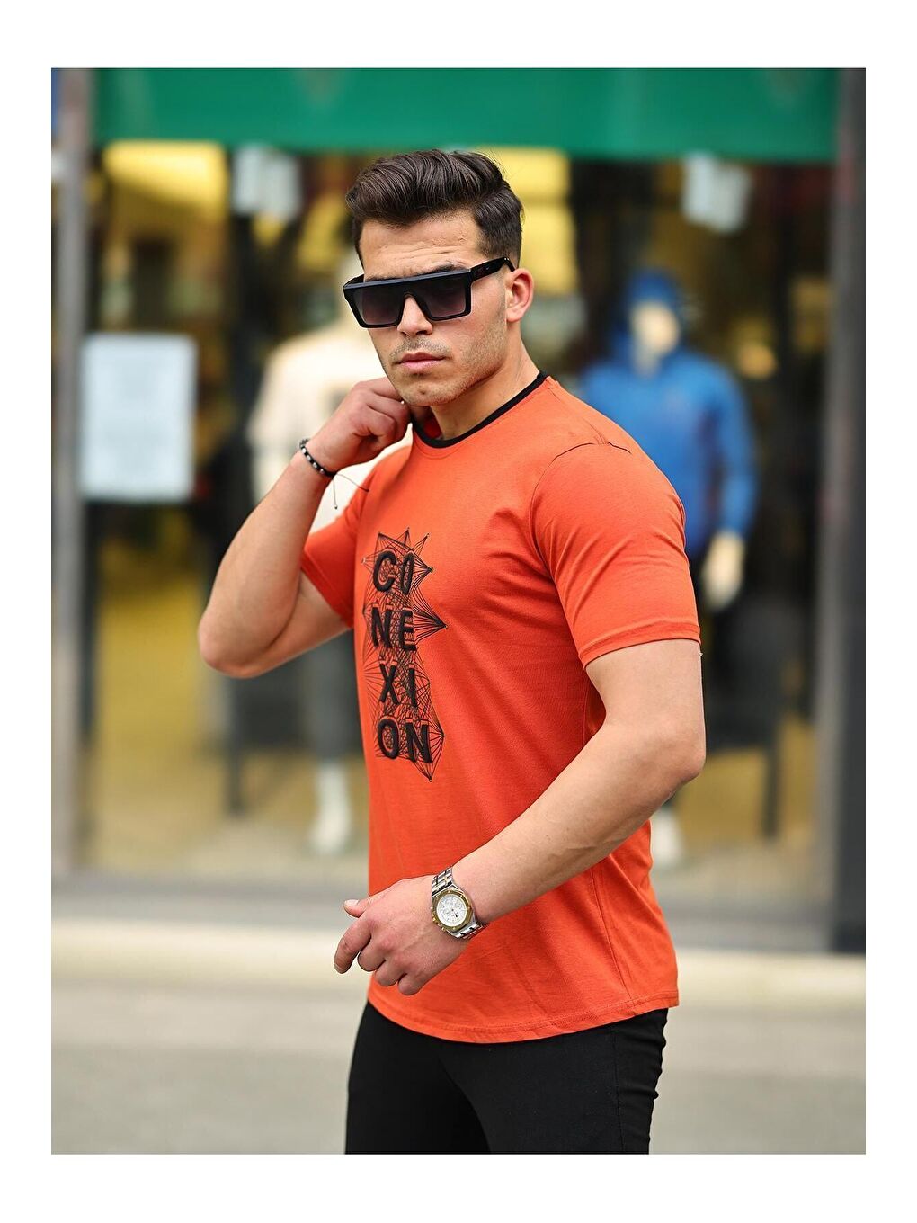 Turuncu Erkek Slim Fit Nakış Desenli T-Shirt-2