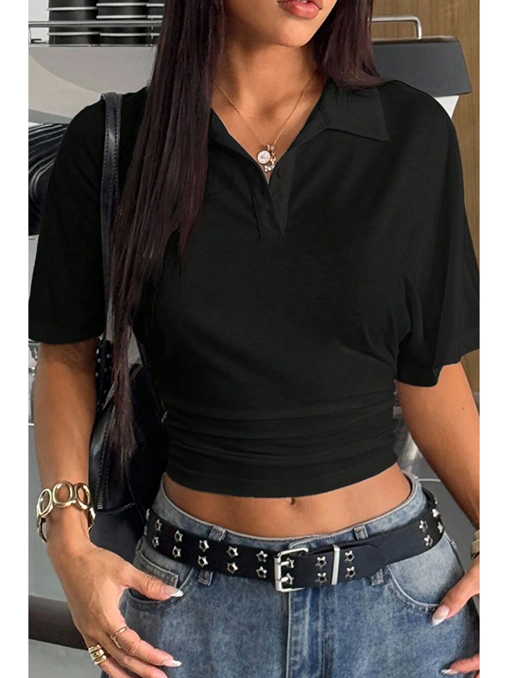 Siyah Kadın Beyaz Crop Belden Oturan Tişört Polo Yaka Modern Tasarım-3