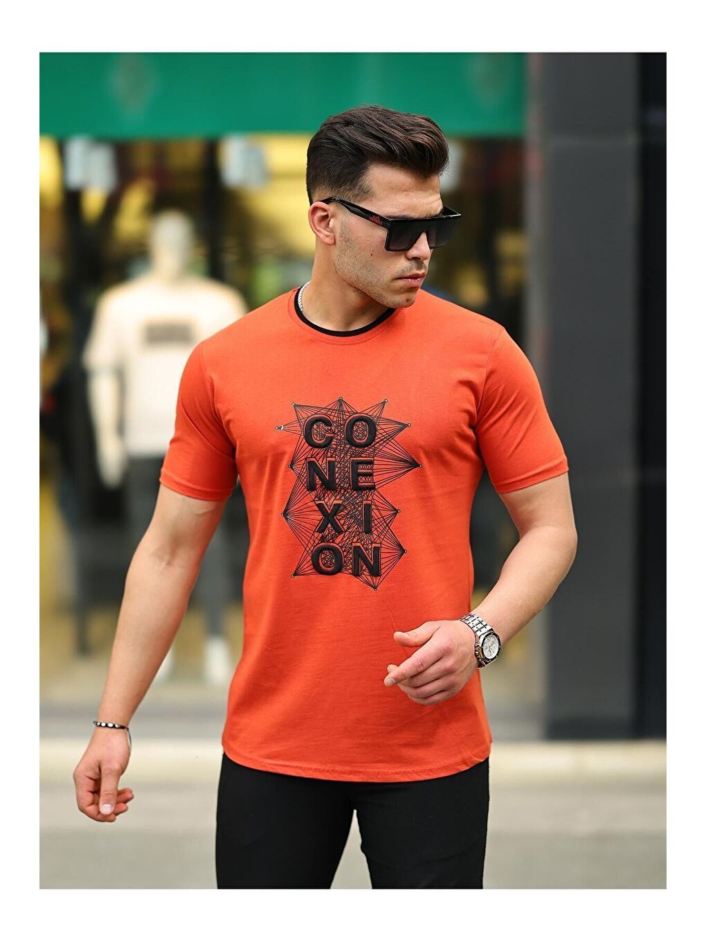 Turuncu Erkek Slim Fit Nakış Desenli T-Shirt-3